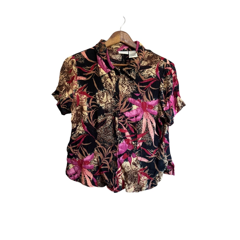White Stag Button Up Top Women Medium 8/10 Pink Black Leopard Tropical Excellent